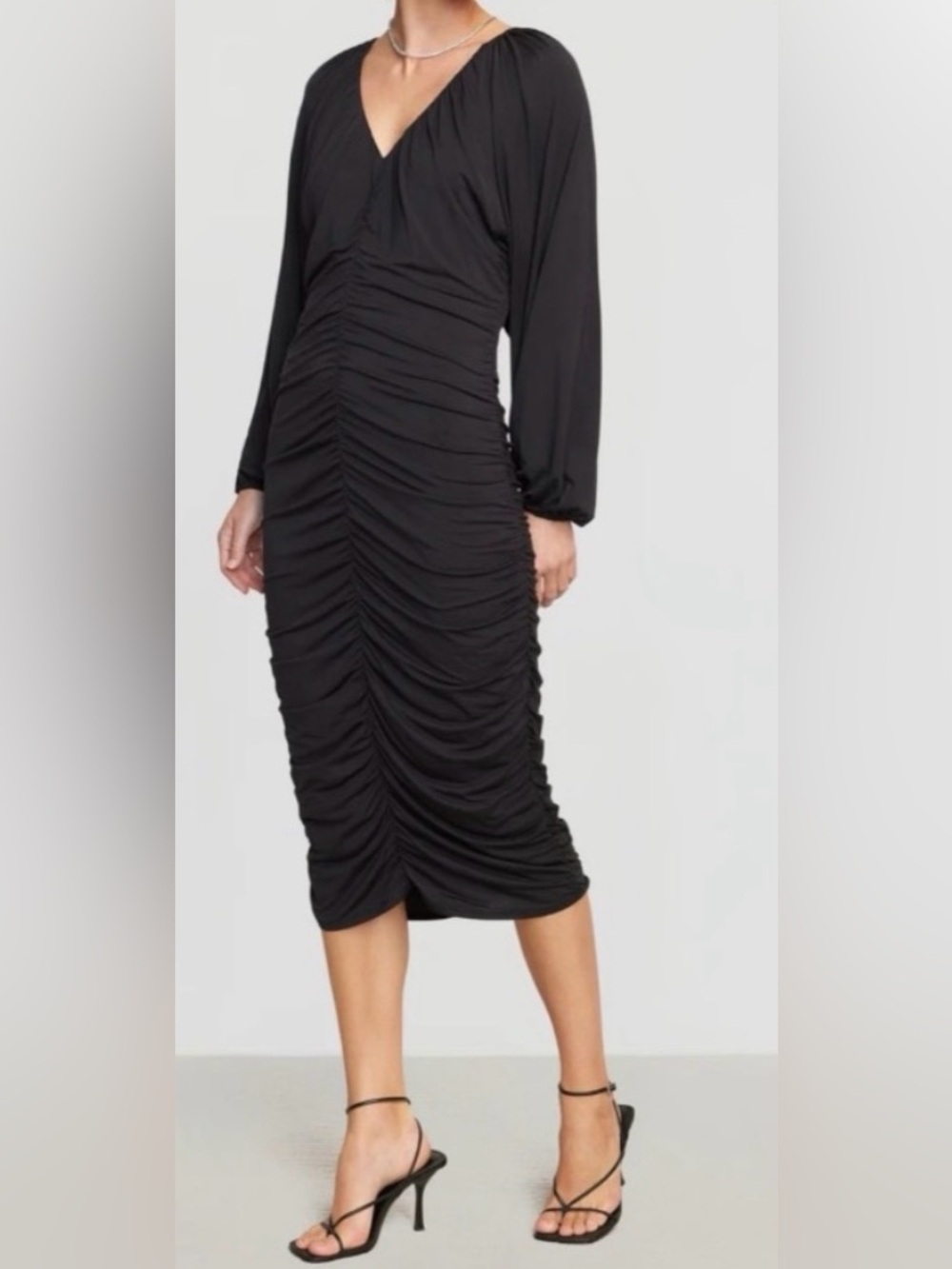Modern Citizen Black Ruched V-Neck Drape Midi Dress